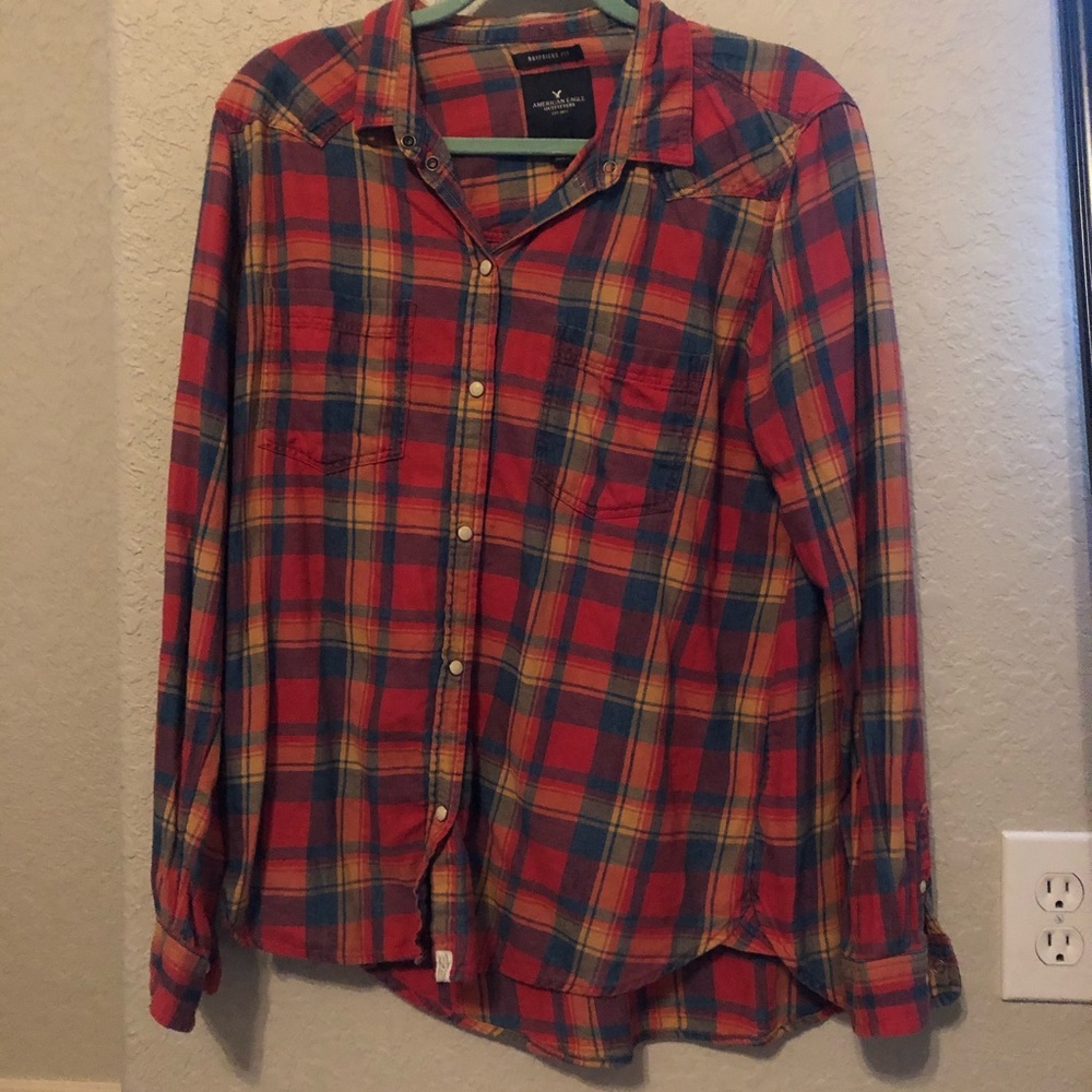 Orangish red plaid button down shirt
